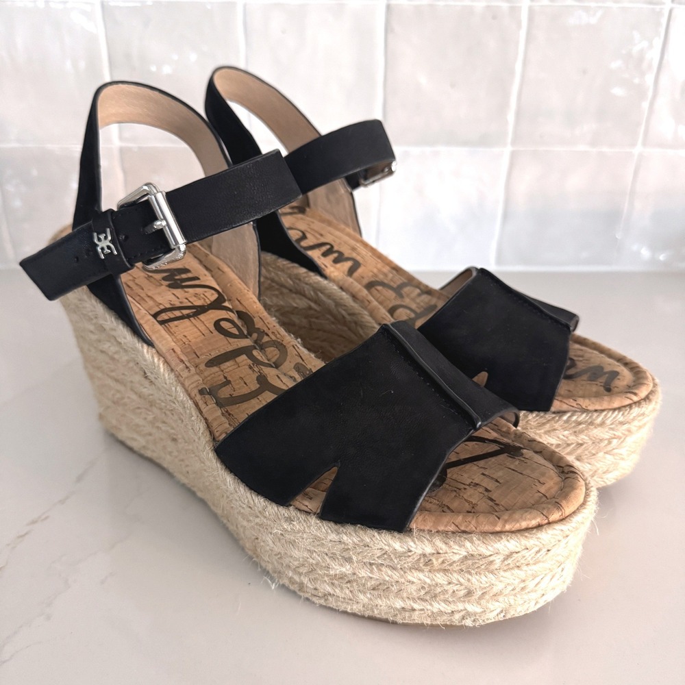 Sam Edelman Maura Espadrille Wedge Sandals Women 9 Black Leather Platform Strap